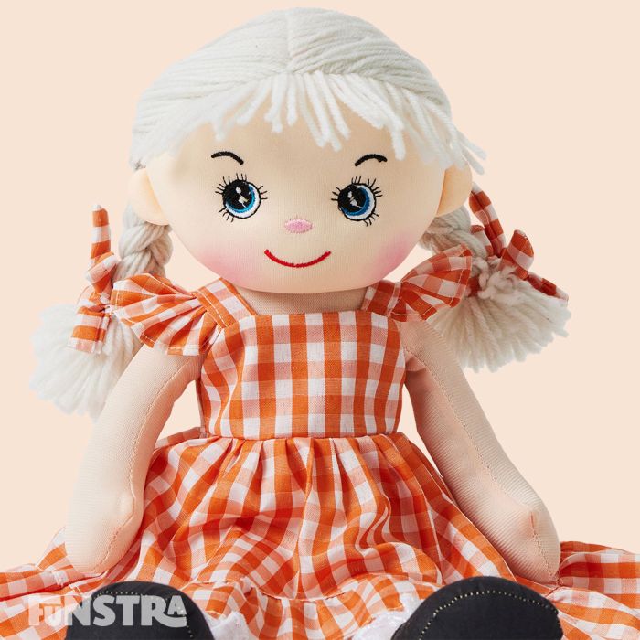 15 inch cloth (rag) doll, with hair and fashion eye color of your choice, comes in a cheerful Irish themed dress with white panties