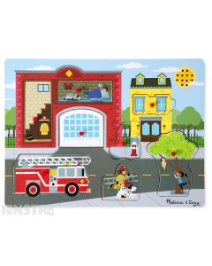 Hear the sounds from around the firestation with this fun sound jigsaw puzzle from Melissa & Doug, featuring fire engine siren, water from a fire hydrant and fire burning sounds.