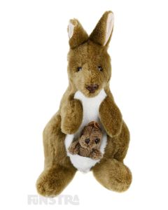 Aussie Bush Toys' plush toys are Australian made and this delightful Kangaroo and baby joey is a soft and cuddly, beautifully crafted stuffed animal for anyone that loves the hopping bush kangaroos.