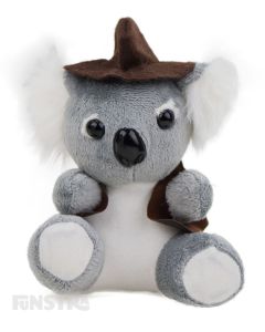 A true jolly swagman of Australia is the swaggie koala mini plush beanie toy, wearing a hat and jacket.