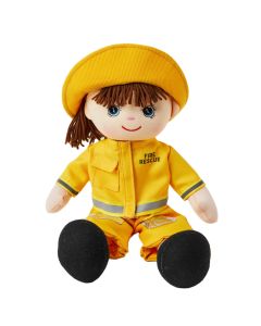 Ella is a girl firefighter rag doll with a soft cloth body and brown hair and wears a firewoman's uniform that consists of a yellow safety jacket, pants and hat and loves to rescue people and animals from fires.